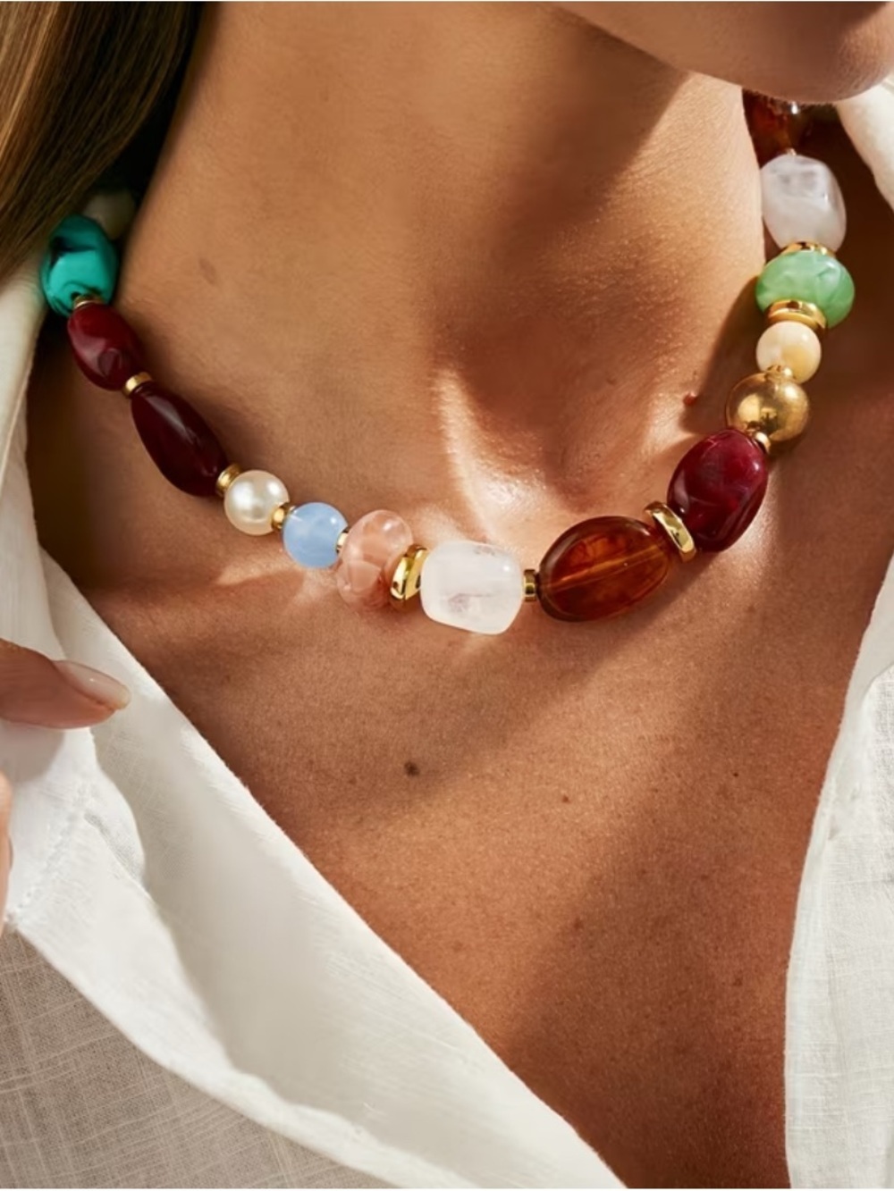 Multicolor Resin & Glass Bead Collar Necklace with Gold Accents - Picture 2 of 4